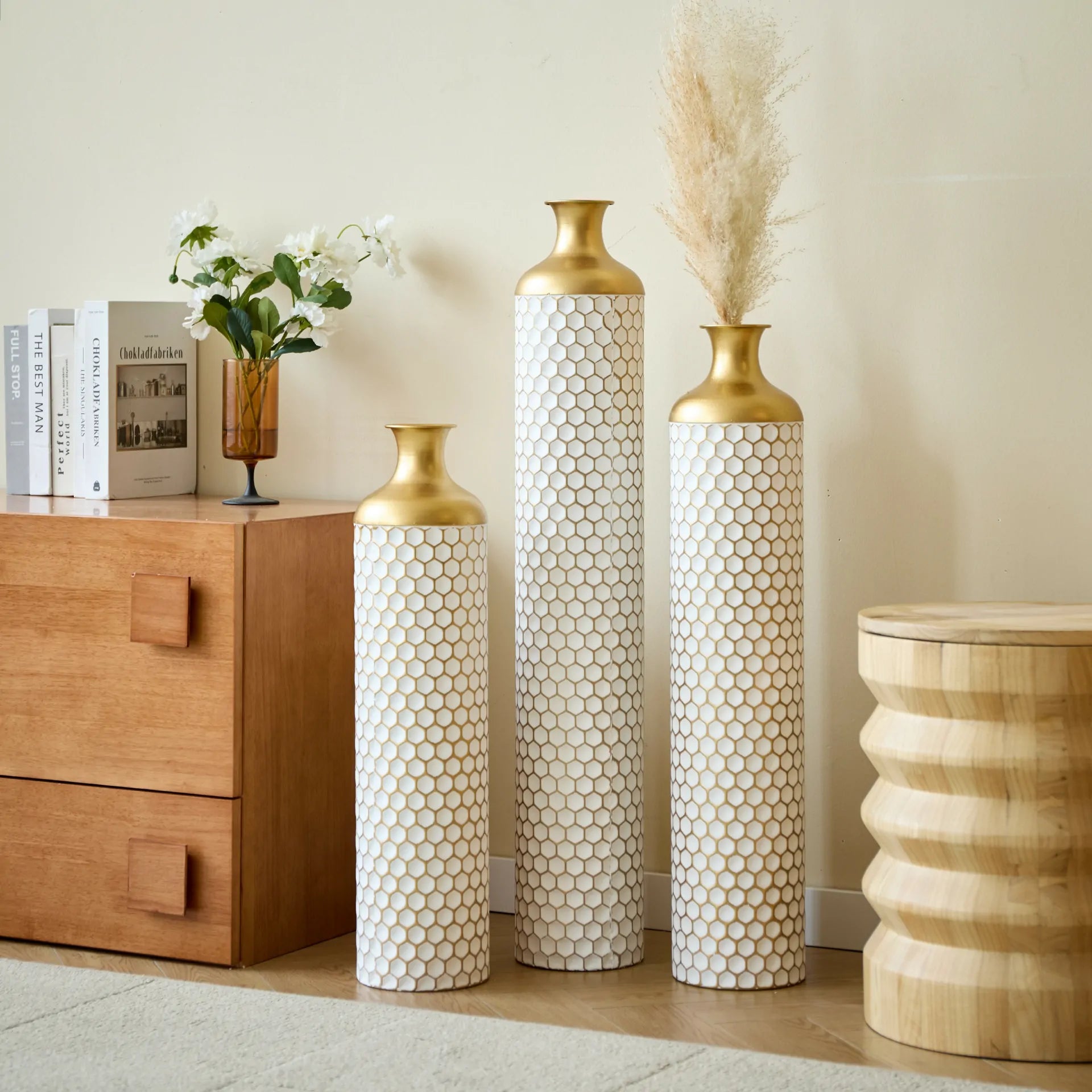 White Mosaic Texture Metal Floor Vases Set of 3 Droplet Shape with Gold Necks