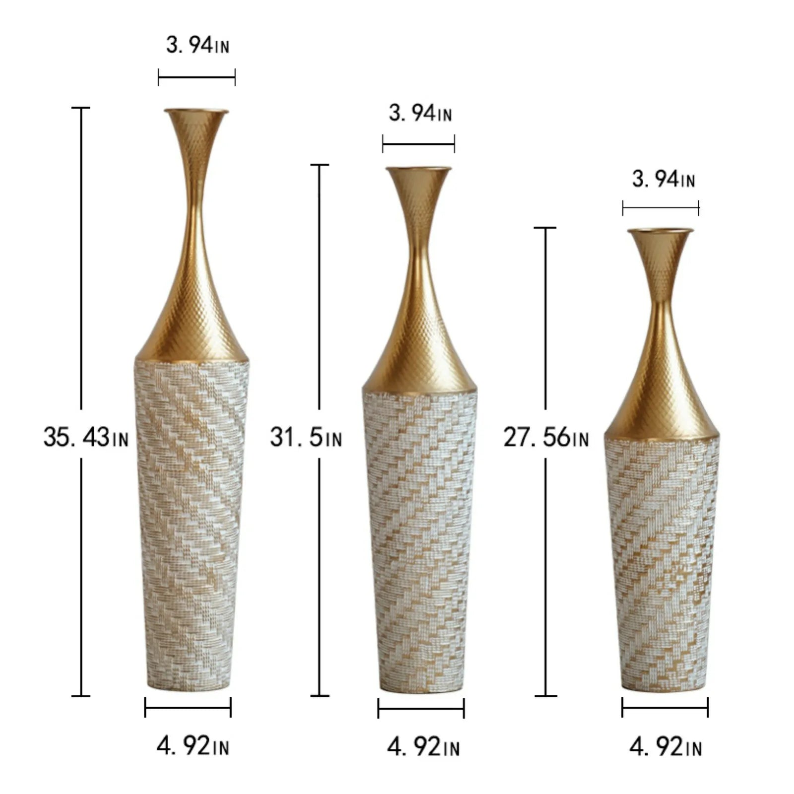 Woven Metal Floor Vase Set of 3,Modern Home Decor with Golden Accents
