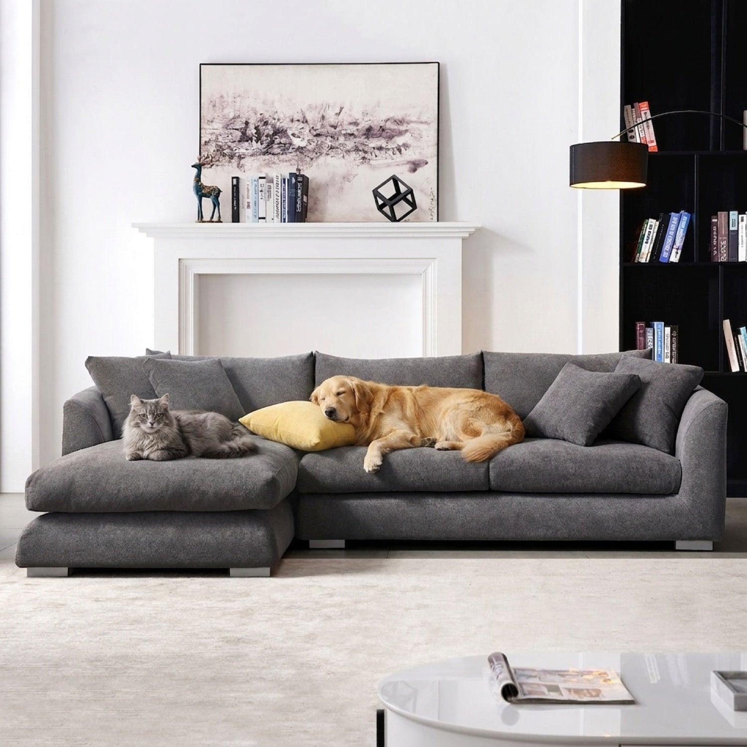 Grey Feathers Sectional sofa with a chaise lounge on the left, in a modern living room setting with a dog and cat.