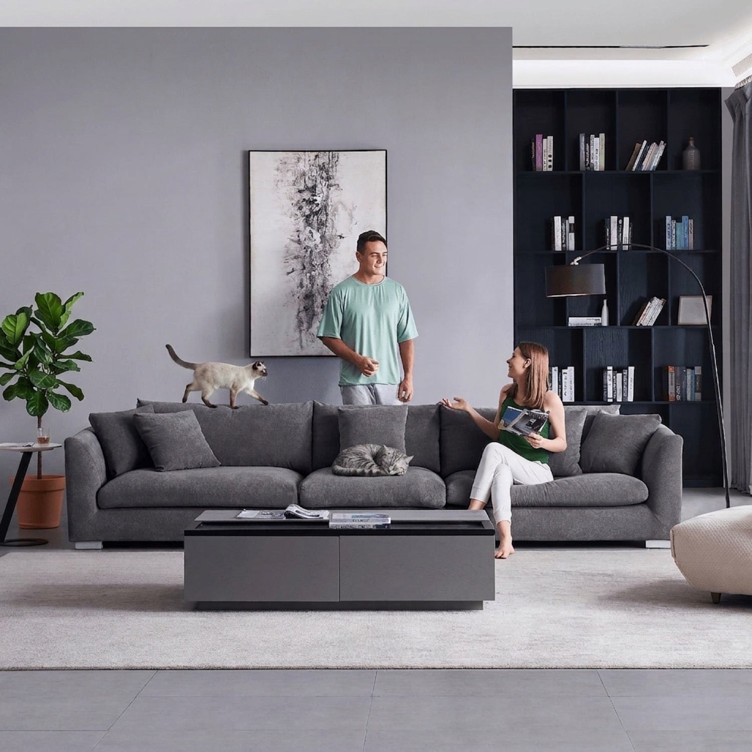 Grey Feathers 5-seater sofa in a modern living room with a coffee table and bookshelf