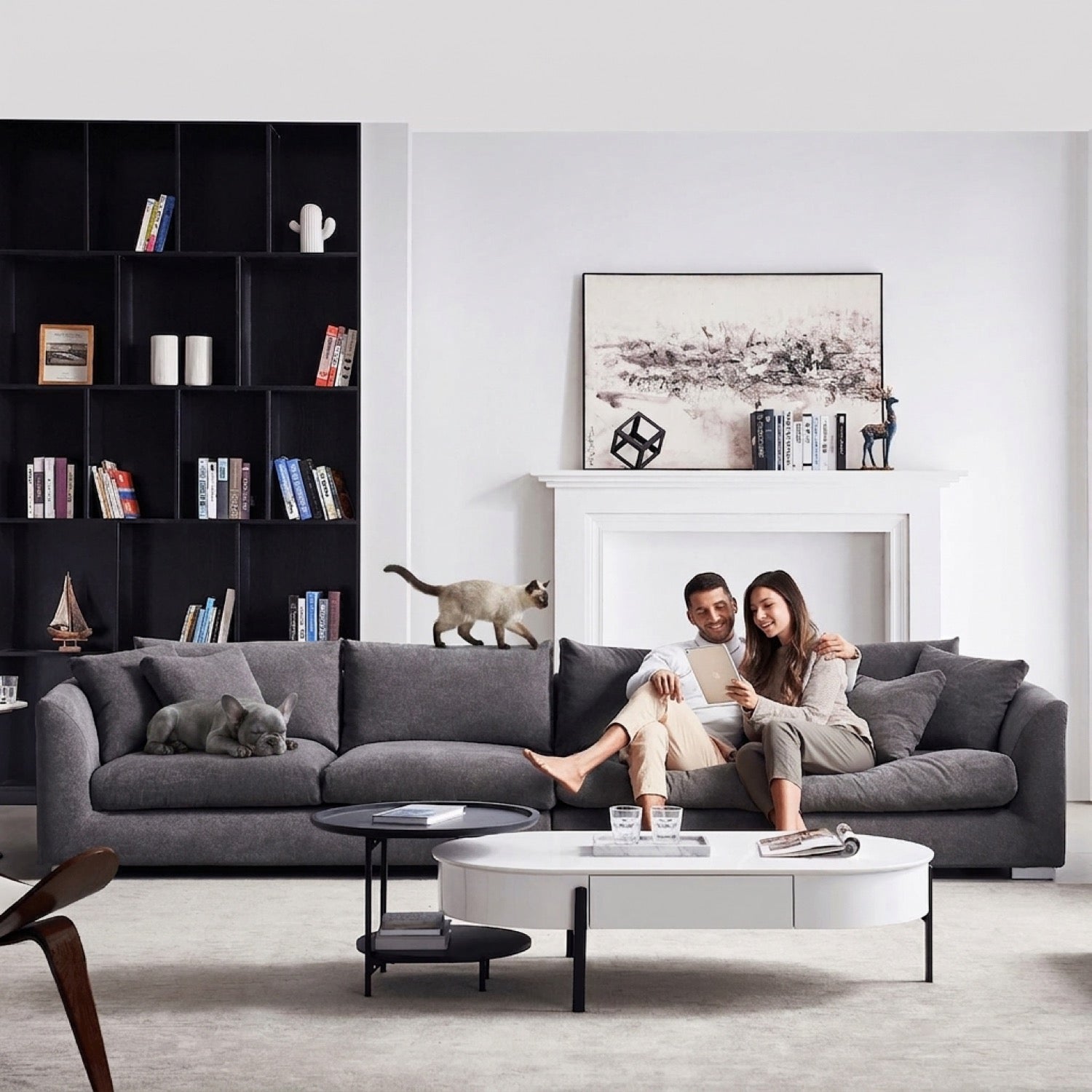 Grey Feathers 6 Seater Sofa in a living room with a couple and a cat
