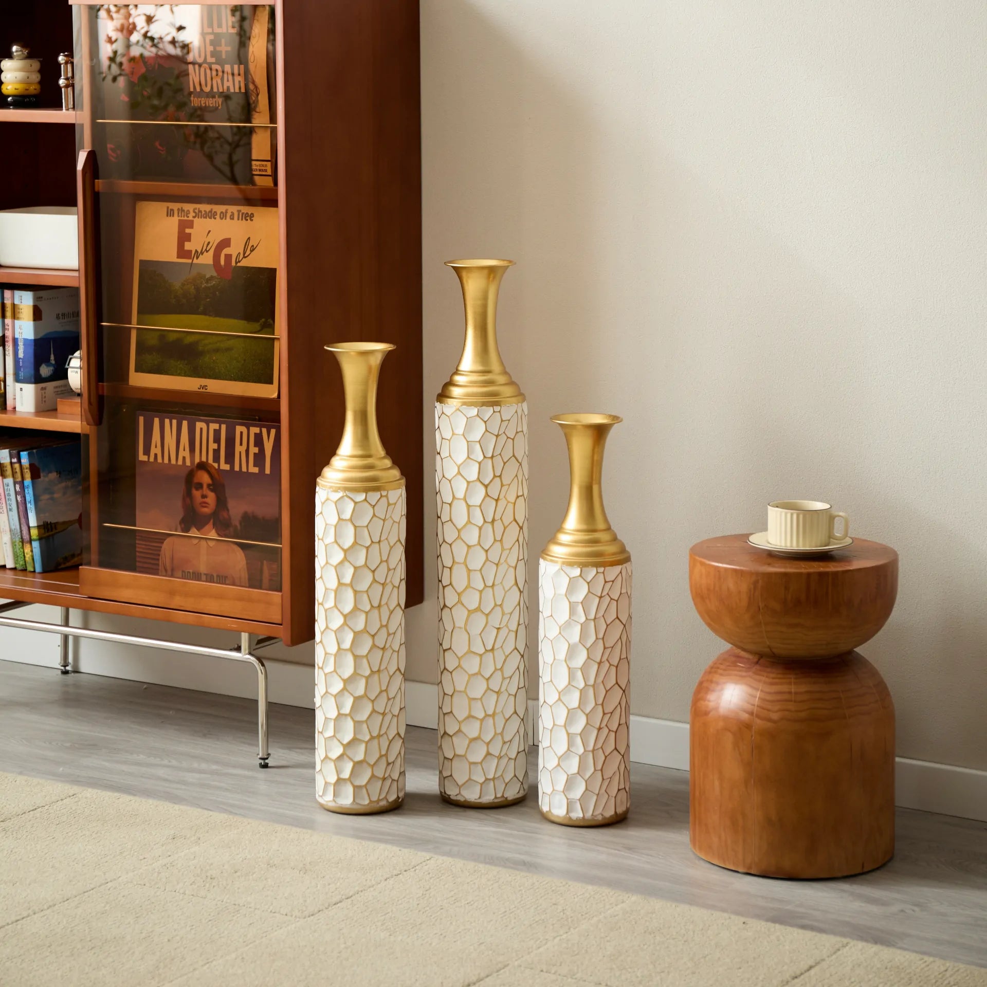 White Textured Metal Floor Vase Set of 3 Modern Home Decor with Golden Accents
