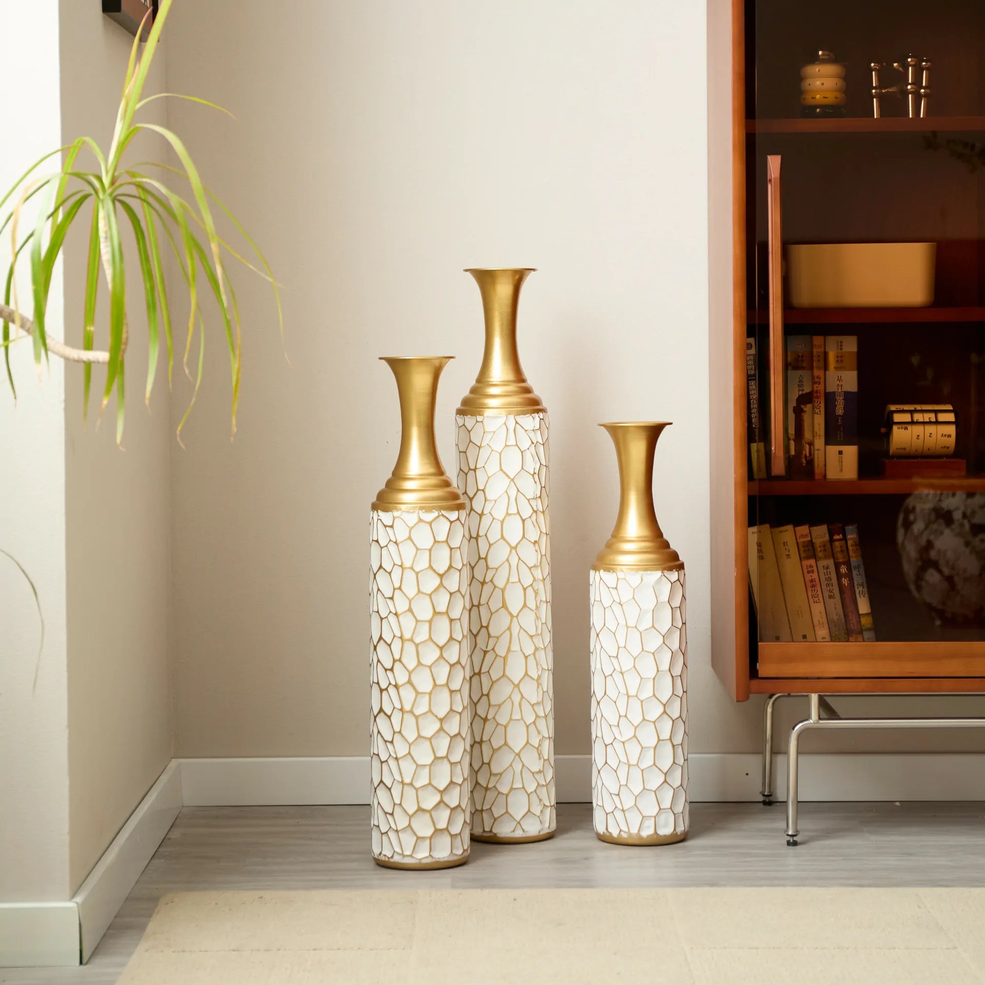 White Textured Metal Floor Vase Set of 3 Modern Home Decor with Golden Accents
