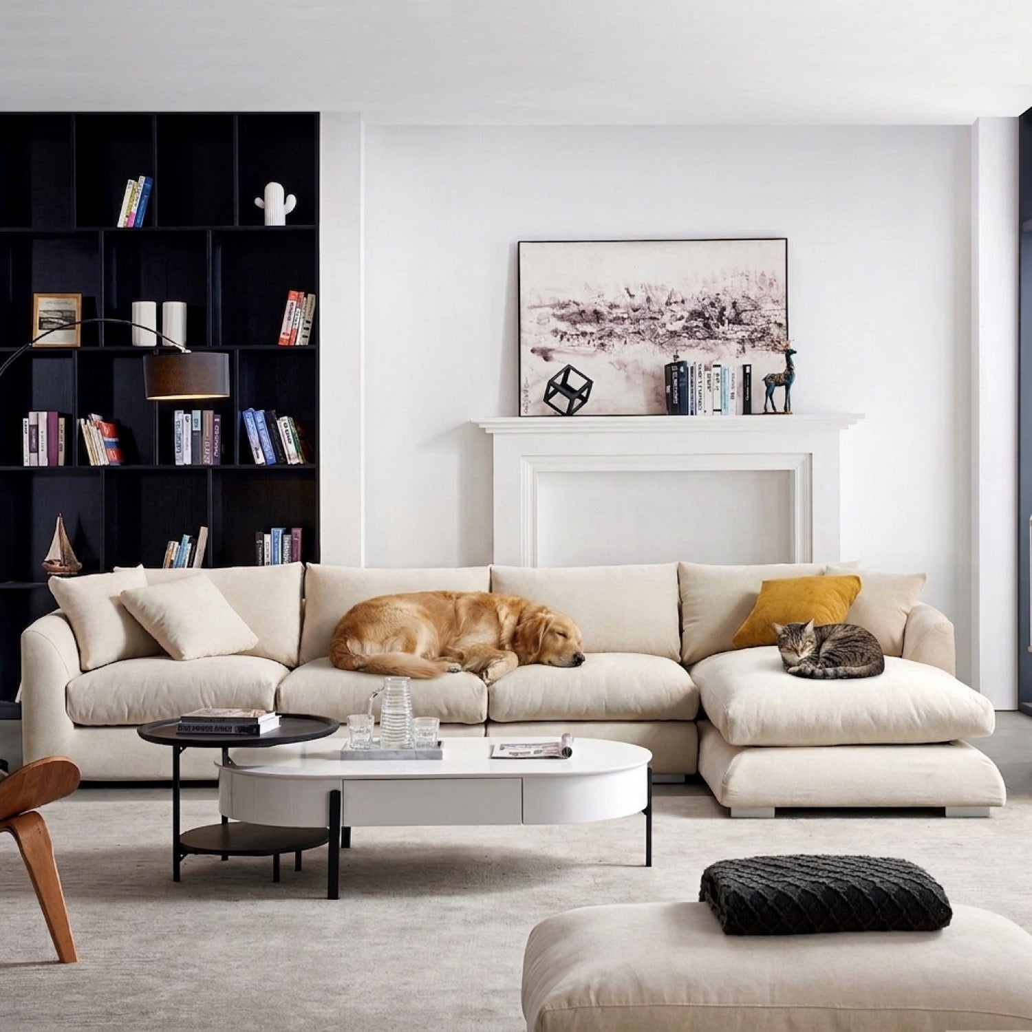 Beige Feathers Sectional sofa in a living room with a dog and cats