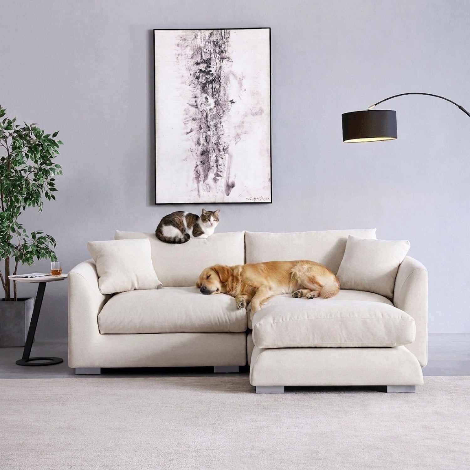 Beige sectional sofa with a chaise lounge, a dog sleeping on it, and two cats, in a modern living room with a plant and a floor lamp.