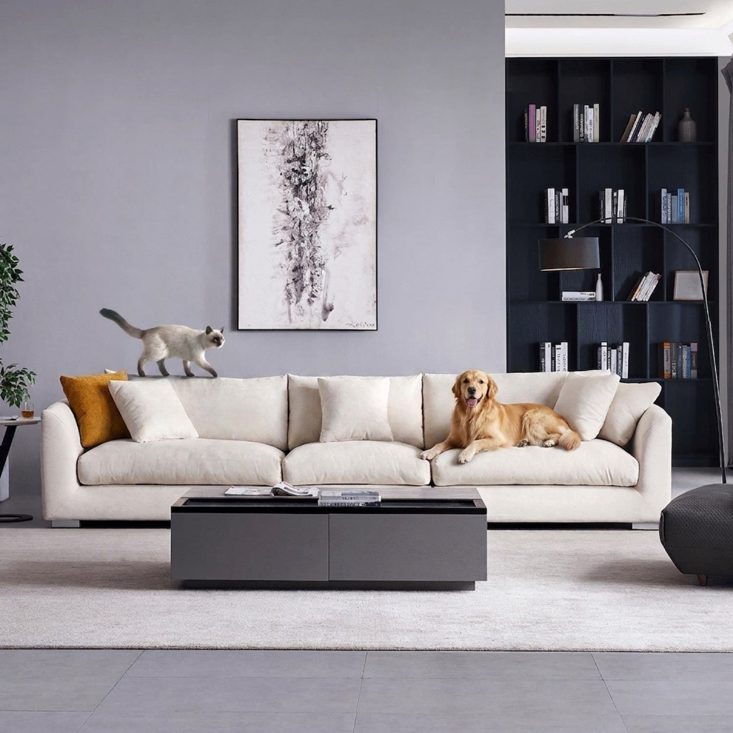 Beige Feathers 5-seater sofa in a modern living room with a coffee table and bookshelf